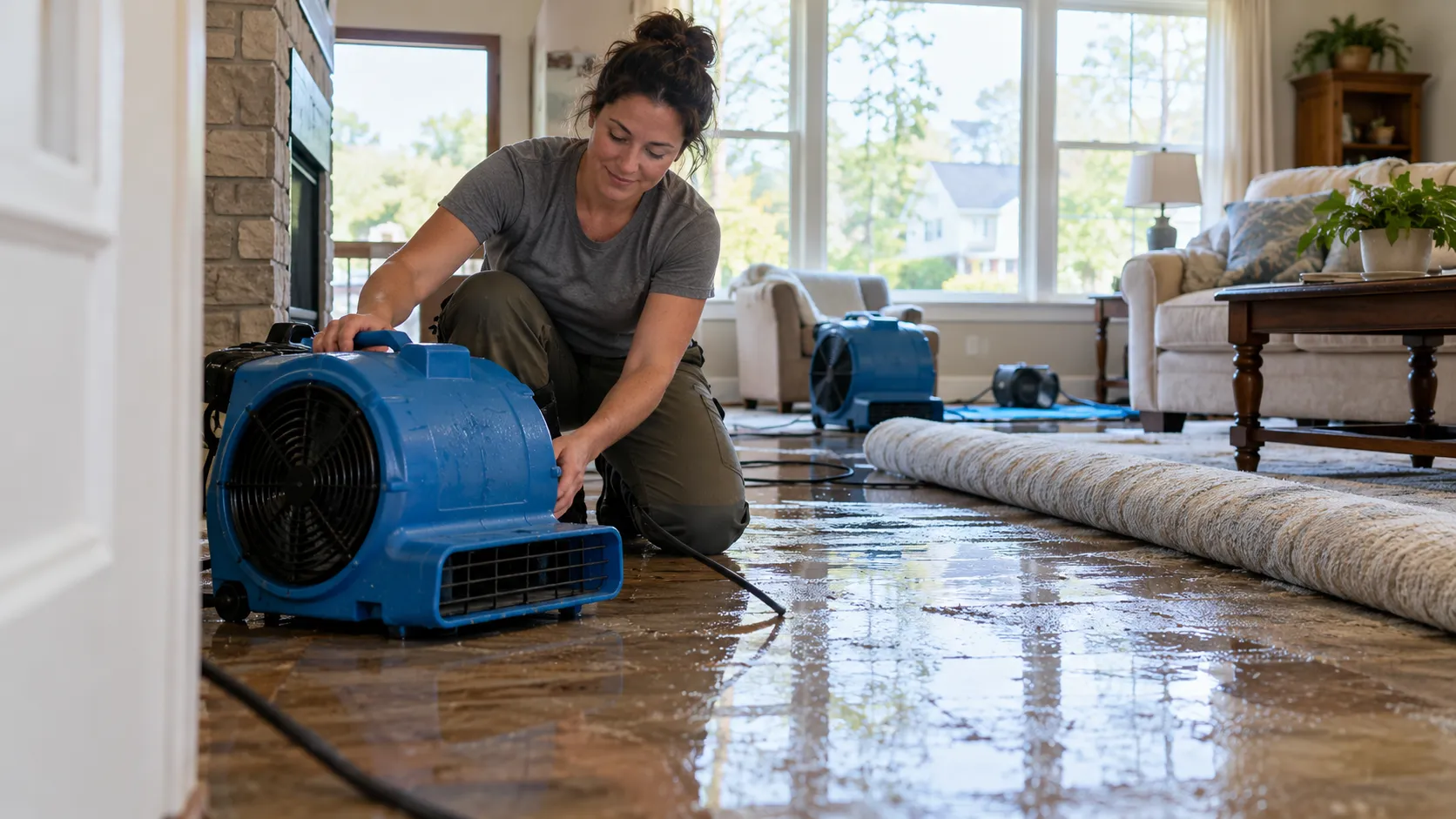 Water damage restoration technician drying a flooded living room in Kansas City